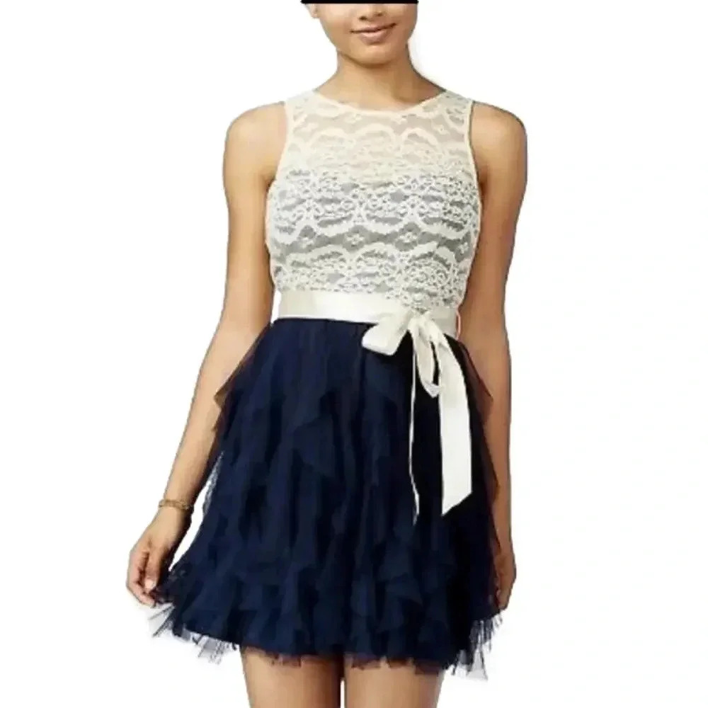 TEEZE Me Juniors Lace Ruffled A-Line Dress.